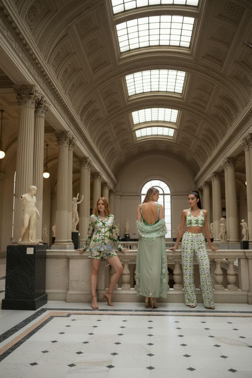 Three models wearing the JFK Historical Collection sage green botanical print in a grand neoclassical museum hall
