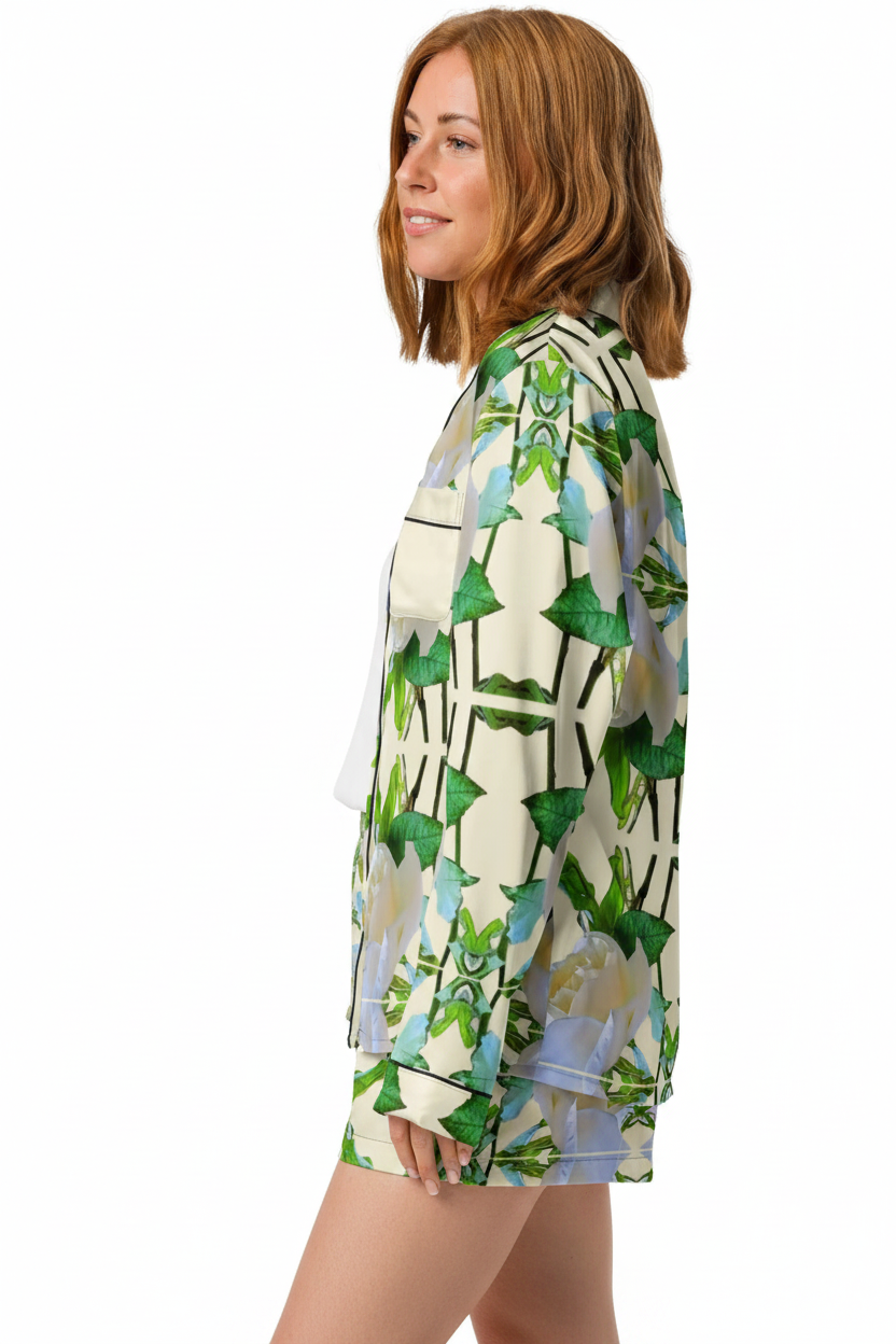 Model wearing botanical print shorts